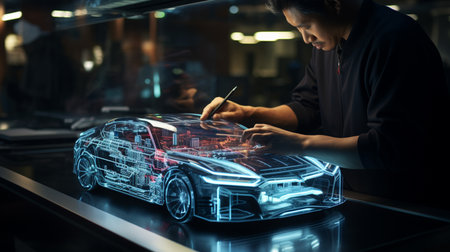 Automotive Engineer Using Digital Tablet Computer with Augmented Reality 3D Software for 3D Car Model Design Analysis and Improvement. Futuristic Facility: Virtual Design with Mixed Technology.の素材