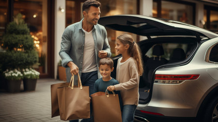 Happy moments. family taking out shopping bags from car bootの素材