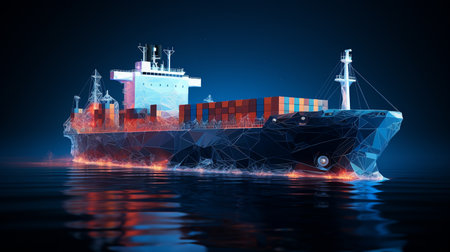 Heavy dry cargo ship of bulk carrier with freight containers. Wireframe low poly mesh illustration.の素材