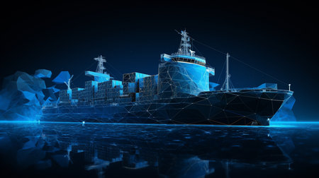 Heavy dry cargo ship of bulk carrier with freight containers. Wireframe low poly mesh illustration.の素材