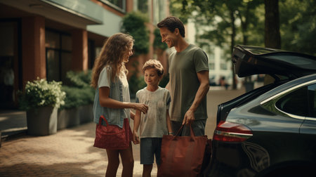 Happy family standing beside their car and charging electric car on the street.の素材