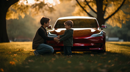 Young man and little boy together check a car. Father and son on a road with red automobileの素材