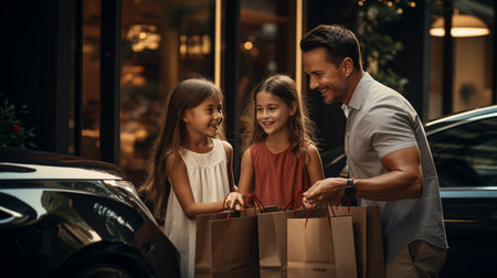 Happy moments. family taking out shopping bags from car bootの素材