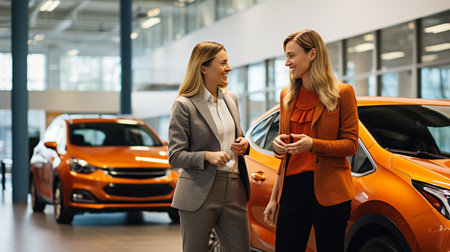 Young lovely couple talking, hugging at car dealership shopping for a new car togetherの素材