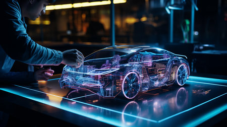 Automotive Engineer Using Digital Tablet Computer with Augmented Reality 3D Software for 3D Car Model Design Analysis and Improvement. Futuristic Facility: Virtual Design with Mixed Technology.の素材