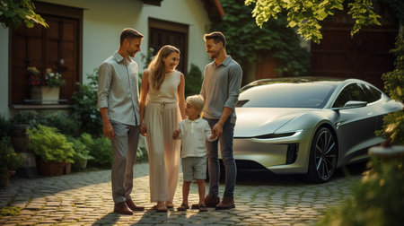 Happy father, mother and two children stand near convertible carの素材