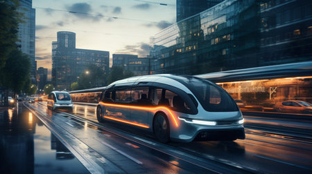 Autonomous Self-Driving 3D Car Moving Through City Highway. Visualization Concept: AI Sensor Scanning Road Ahead for Vehicles, Danger, Speed Limits. Day Urban Driveway. Front Following Viewの素材