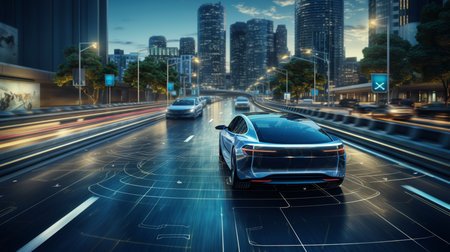 Autonomous Self-Driving 3D Car Moving Through City Highway. Visualization Concept: AI Sensor Scanning Road Ahead for Vehicles, Danger, Speed Limits. Day Urban Driveway. Front Following Viewの素材