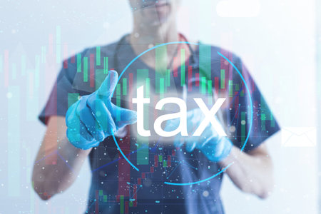 Doctor using innovative virtual touchscreen presses tax button healthcare network on internet panel...
