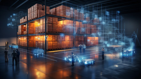 Smart warehouse management system with innovative internet of things technology to identify package picking and delivery . Future concept of supply chain and logistic network business .の素材