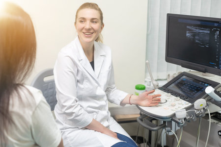 Doctor and patient. Ultrasound equipment. Diagnostics. Sonography.