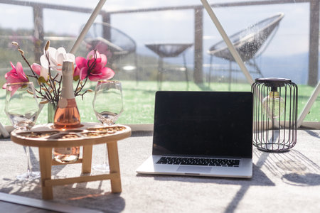 laptop in the dome camping, hygge, lifestyle conceptの写真素材