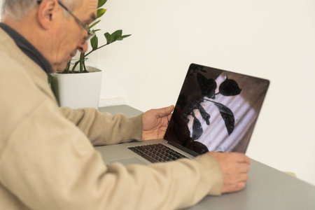 Handsome mature man in casual sitting in home office and working at laptop