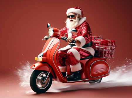 Santa Claus on a scooter with a bag of presentsの素材