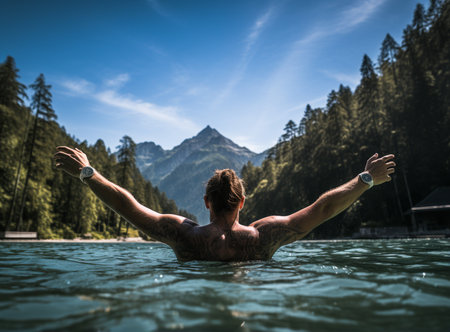 Man swimming in a beautiful mountain lake in the middle of the nature in the Alps, European famous destinationの素材