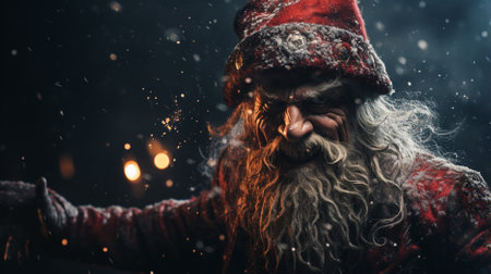 A portrait of a terrible zombie Santa Claus, who stands in the night with a lantern under the snowfall and laughs insidiously. Nightmare at Christmas. Halloween.の素材