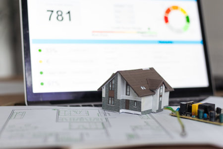 Model house in front of computer with financing plan - mortgaging or home financing concept