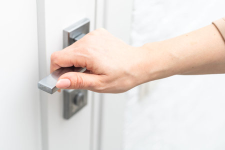 Use the open hand to open the gray knob to open the door.
