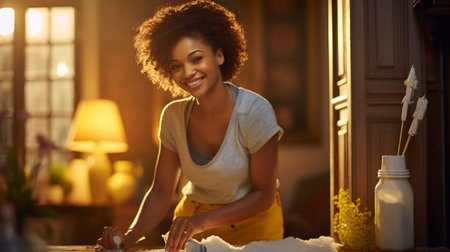 Confident African woman with Afro hairstyle wearing white t-shirt typing message on smart phone, smiling, sitting at table with cup of coffee at cozy cafe with copy space wall for your informationの素材