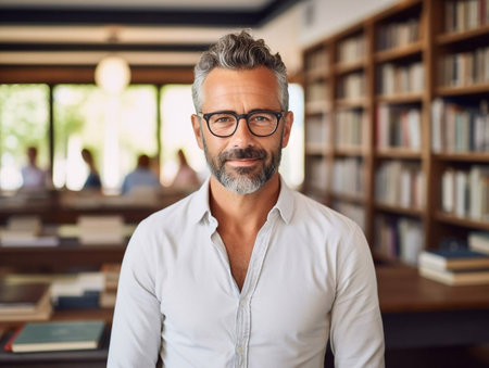 Portrait of happy male business teacher and professional coach. Handsome man in blue shirt and eyeglasses standing in office after corporate training class for team of employeesの素材