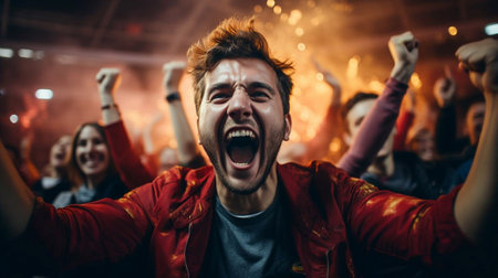 Caught up in the vibe. A huge group of fans screaming at a rock concert.の素材