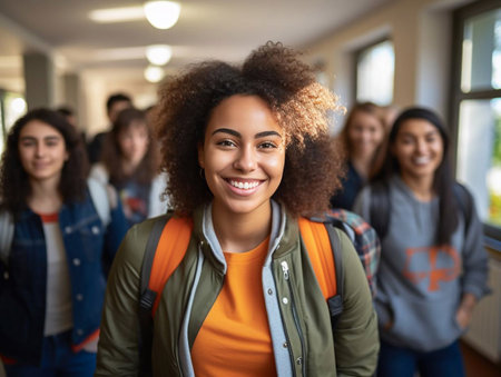 Happy African American female student on a class at the university looking at camera.の素材