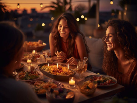 group of happy friends celebrating holiday vacation using sprinklers and drinking red wine while having picnic french dinner party outdoor near the river on beautiful summer evening in natureの素材