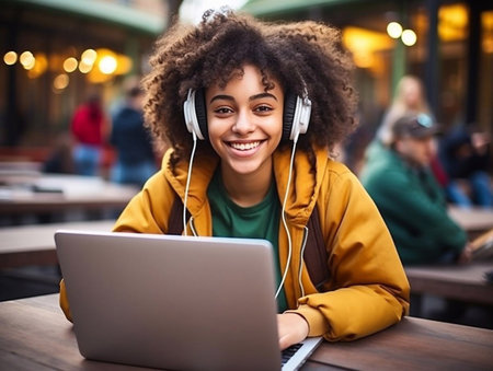 Happy African American female student on a class at the university looking at camera.の素材