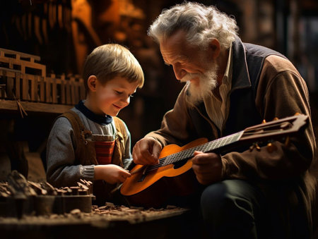 Grandfather playing the guitar to his grandsonの素材