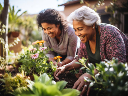 Happy senior mother with adult daughter indoors at home, planting herbs.の素材