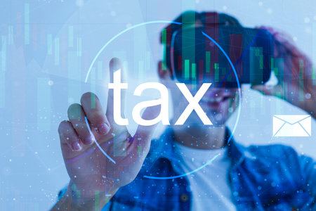 Business hand clicks virtual screen to tax return online for tax payment. Government, state taxes....