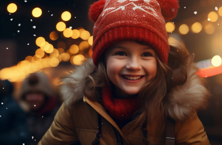 Little toddler girl in big white funny fur hat looking amazed at christmas lights of decoration garland near night cafeの素材