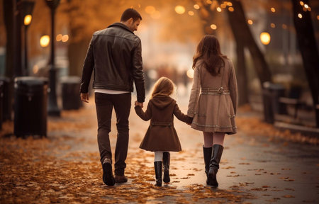 Family with a small daughter walk in autumn parkの素材