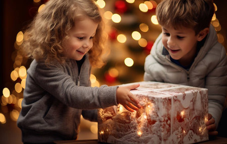A portrait of children opening a gift box. Merry Christmas, happy New Year. Luxurious apartment with christmas lights and decorations. Miracle time.の素材