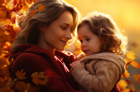 Mom and daughter among the yellow leavesの素材
