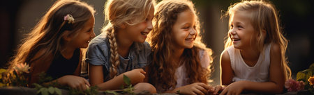 Portrait of children of different age spending time together at autumn time by a forest or park looking at camera laughing. Positive emotions, enjoy childhood concept.の素材