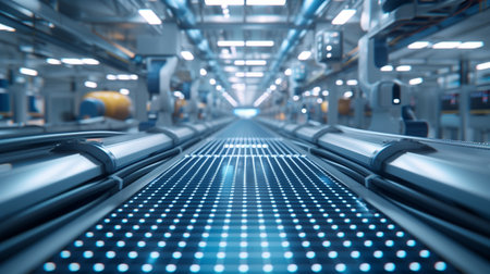 Production line of the solar cell factory. Modern automated production line.の素材