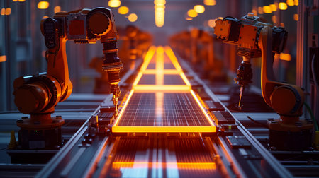 Production line of the solar cell factory. Modern automated production line.の素材