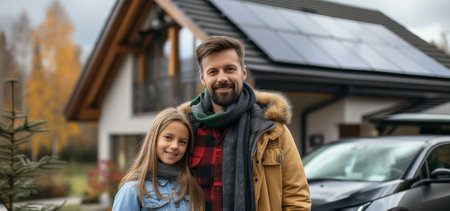 Family standing in front of their house with solar panels on the roof, having electric car.の素材