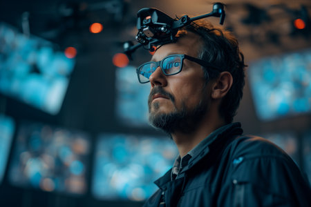 Brunette guy works on the computer with neon lights in background. Cyberpunk. Wearing a futuristic one-eyed glasses and microphone. Cyber and sci-fi backgrounds.の素材