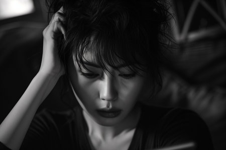 serious young woman feeling sad and scared, depressed. Sittingの素材