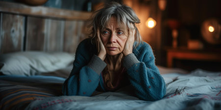 Distraught senior woman sitting in bedroom at night.の素材
