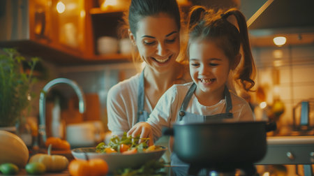 Mother and her daughter having fun at home. Happy Family preparing for Halloween. Mum and child cooking festive fare in the kitchen.の素材