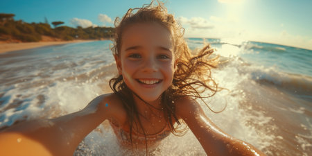 Craziness and freedom. Young summer girl playing on swing-set outdoor. Crazy playful child swinging very high to touch the sky.の素材