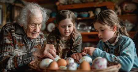Happy elderly man grandfather preparing for Easter with grandson. Portrait of smiling boy painted colored eggs for Easterの素材