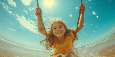Craziness and freedom. Young summer girl playing on swing-set outdoor. Crazy playful child swinging very high to touch the sky.の素材