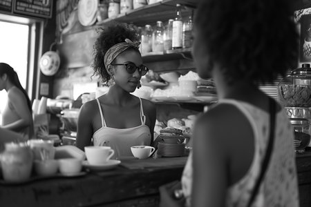 Young dark-skinned woman dressed in casual clothes holding cup of hot drink, enjoying coffeeの素材