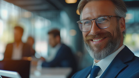 cheerful businessman in glasses and suit looking awayの素材