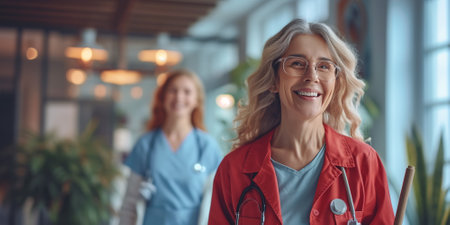 Happy medical students in modern college hallwayの素材