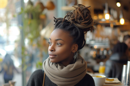 Young dark-skinned woman dressed in casual clothes holding cup of hot drink, enjoying coffeeの素材